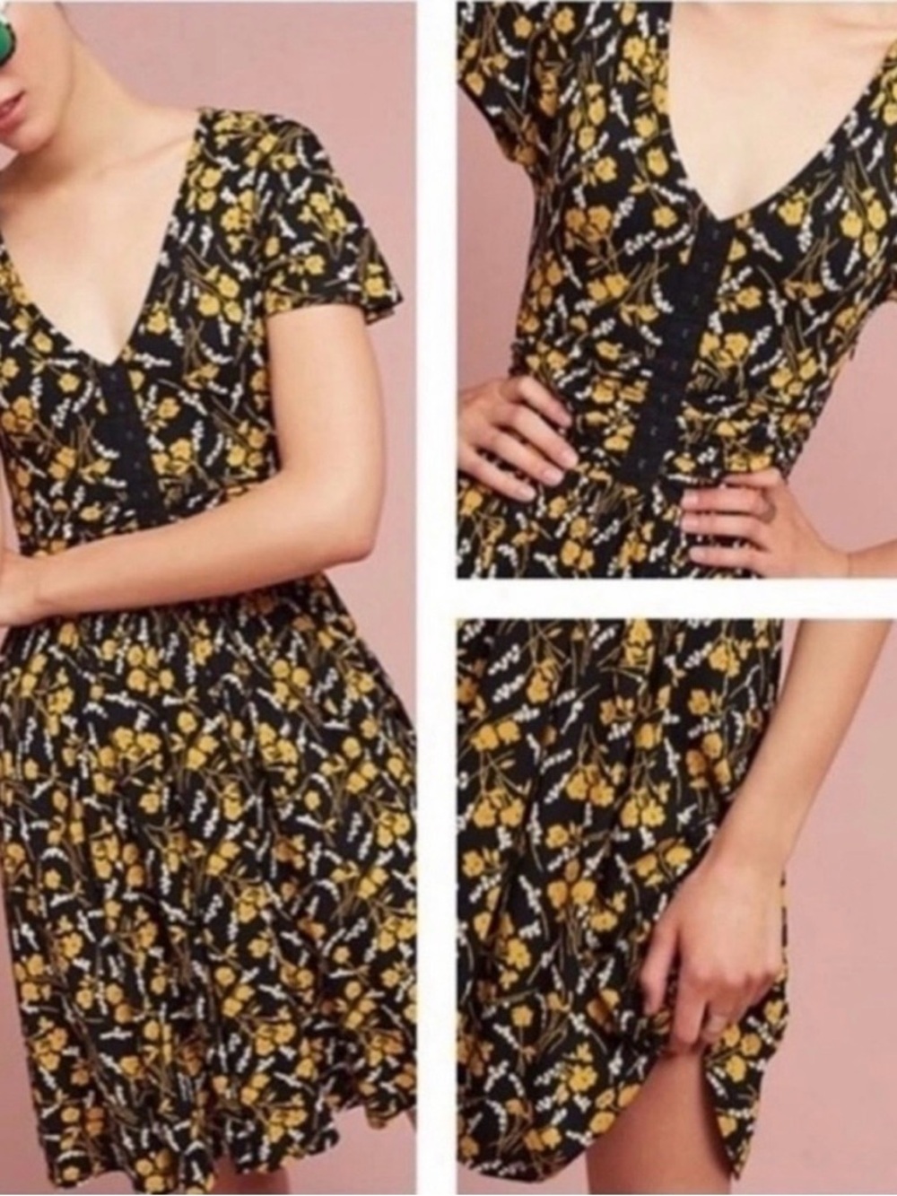 Maeve by Anthropologie Black Floral Midi Dress with Mustard Yellow Print